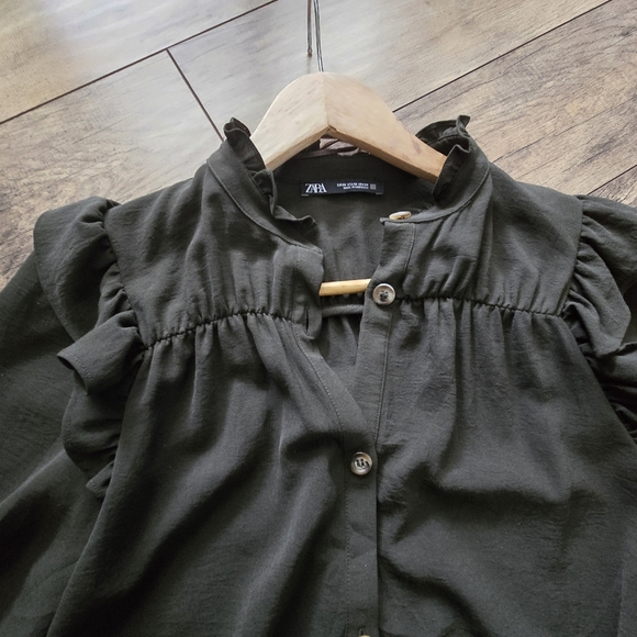 Zara Womens Oversized Xs Dark Green Ruffled Button-Up Dress - Picture 10 of 15